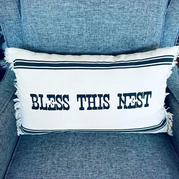 Bless This Nest Farmhouse Boho Modern Fringe Stripe Throw Pillow - Picture 1 of 3